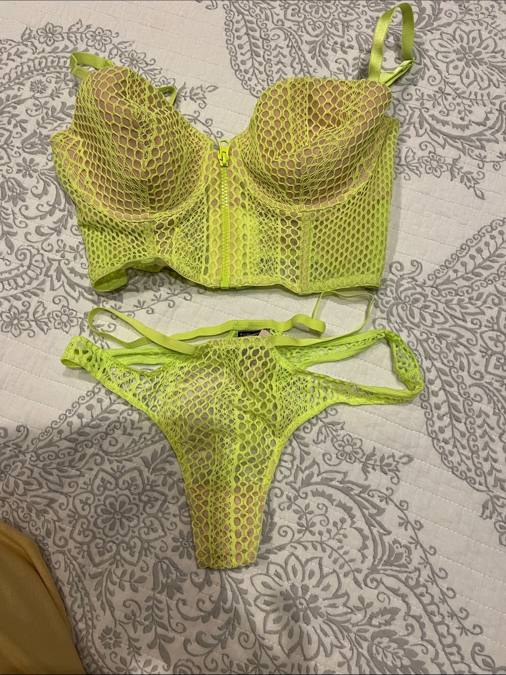 Victoria Secret 36D M bottom Neon Lime Mesh Bustier Set